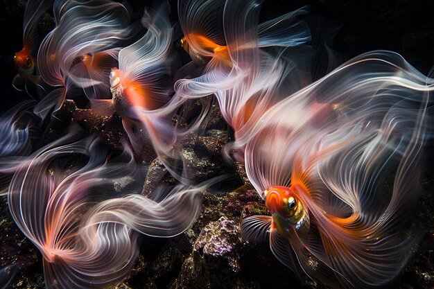 Photo goldfish with long flowing fins gracefully navigating through a field of aquatic plants