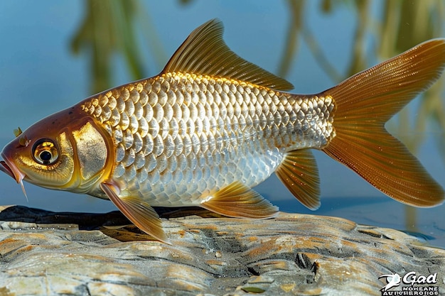 Золотая рыбка с мерцающими чешуйками греется на солнце