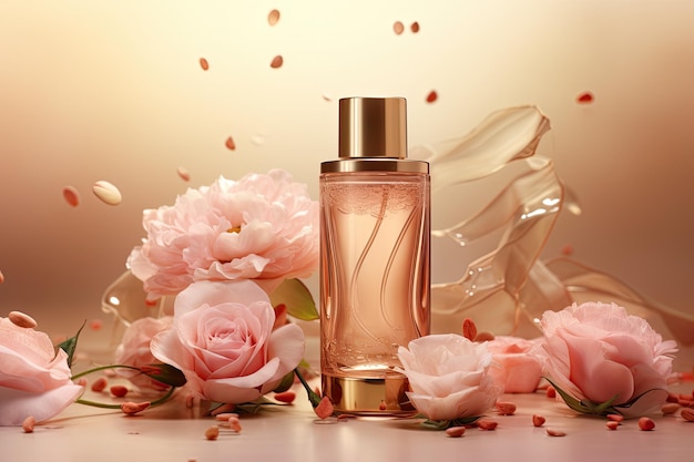 Goldwater spray toner cosmetic ad template gold Cosmetic bottle on glass disk podium with pink rose