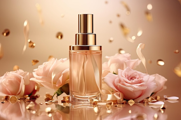 Goldwater spray toner cosmetic ad template gold Cosmetic bottle on glass disk podium with pink rose