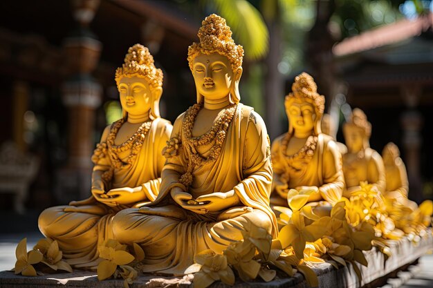 Photo goldy buddhist statues reflect on the serena lagoa generative ia