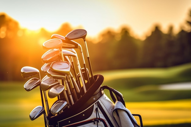 a golf bag with golf clubs on an open field at sunset on the background blur and bokeh