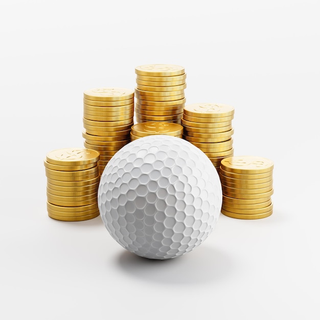 写真 明るい灰色の背景にコインのスタックの前にゴルフ ボール