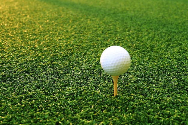 Golf ball close up on green grass on blurred beautiful
landscape of golf backgroundconcept international sport that rely
on precision skills for health relaxationx9