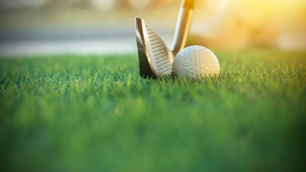 Golf ball close up on tee grass on blurred beautiful landscape\
of golf background concept international sport that rely on\
precision skills for health relaxationx9