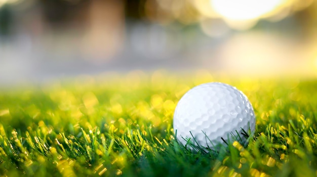 Golf ball close up on tee grass on blurred beautiful landscape\
of golf background concept international sport that rely on\
precision skills for health relaxationx9