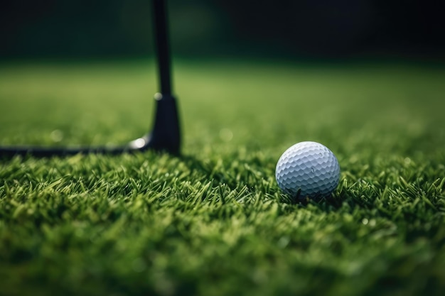 Golf ball and club on a green grassy course Generative AI