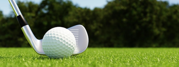 페어웨이 녹색 배경의 골프 공 및 골프 클럽 스포츠 및 운동 개념