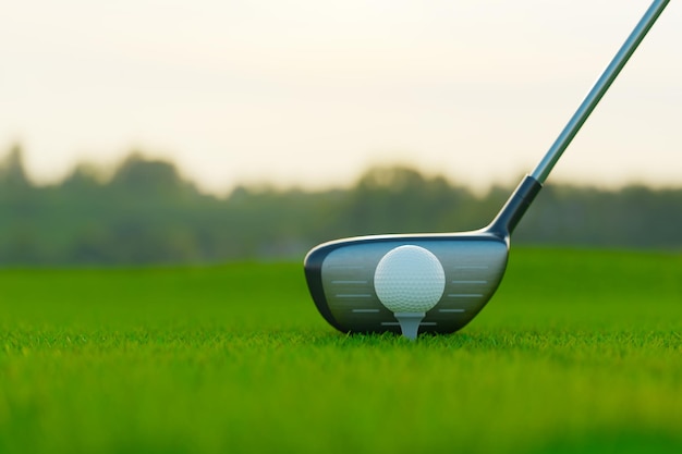 Golf ball and golf driver on grass field 3d rendering