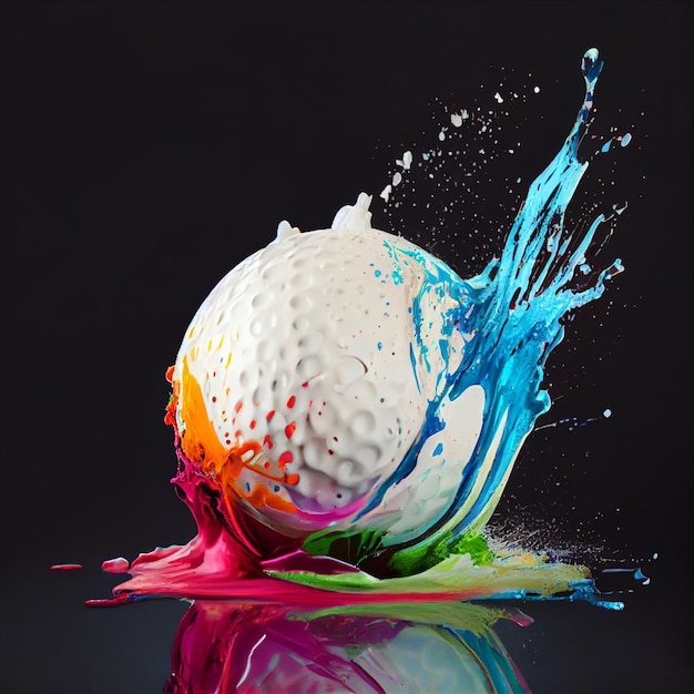 Golf ball or golfball with abstract paint splash 3d render illustration