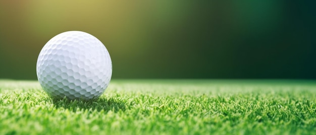 Golf ball on grass in fairway green background Banner for advertising with copy space Sport
