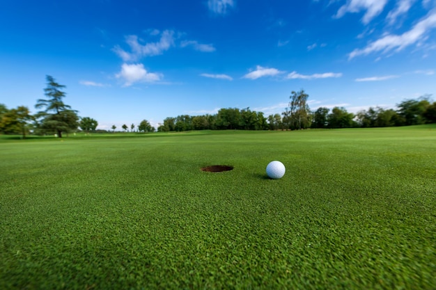 Golf ball on grass near hole