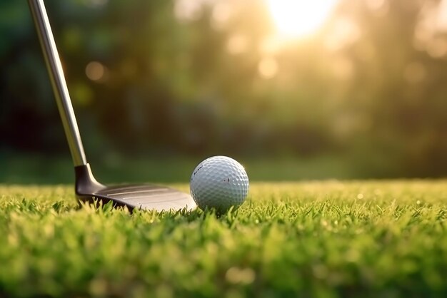 Golf ball on the grass with the sun behind it