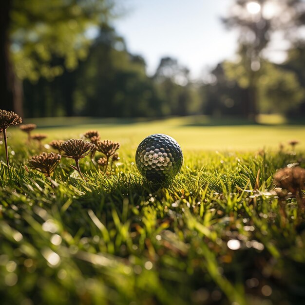 A golf ball in the grass with the sun shining through the trees