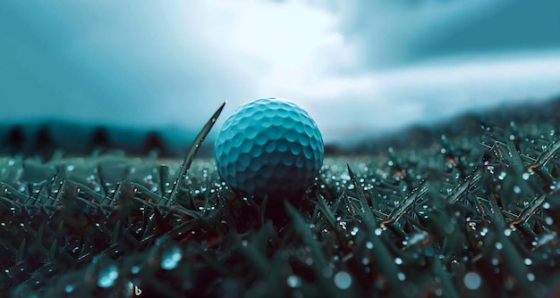 Golf ball on green field banner generative AI