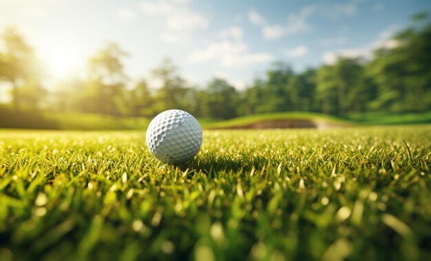 Golf ball on green grass in golf course at beautiful sunset