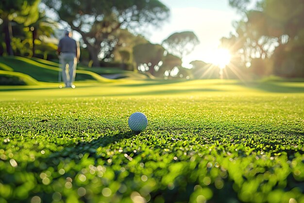 Photo golf ball on green grass of lawn on golf course in summer at sunny day