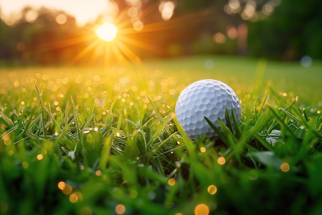 golf ball on green grass of lawn on golf course in summer at sunset closeup