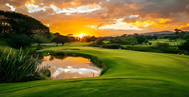 Foto palla da golf sull'erba verde pronta ad essere sparata con il tramonto sullo sfondo