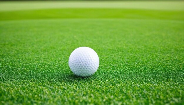 Golf ball on green grass sunset background