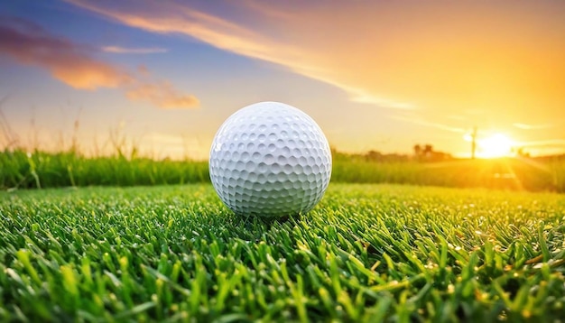 Golf ball on green grass sunset background