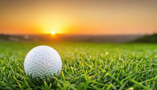 Golf ball on green grass sunset background