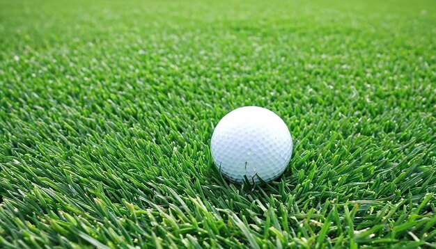 Photo golf ball on green grass sunset background