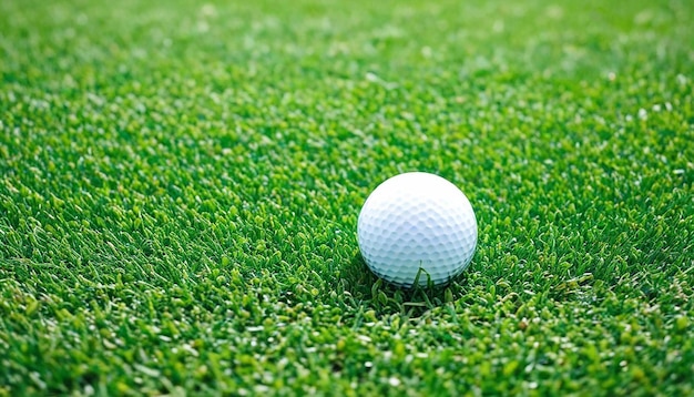 Photo golf ball on green grass sunset background