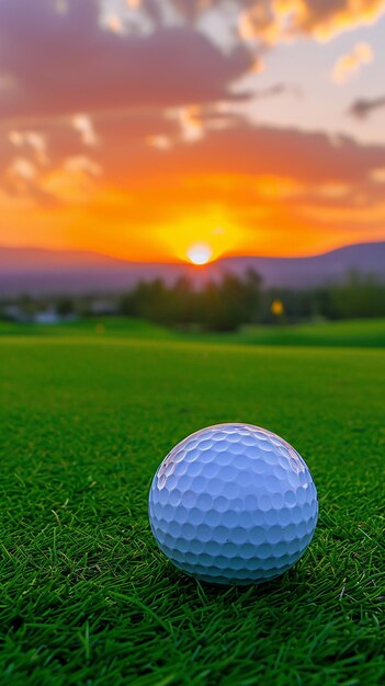 Golf ball on green grass with beautiful sunset