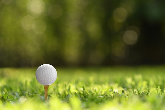 Golf ball on green grass with golf course