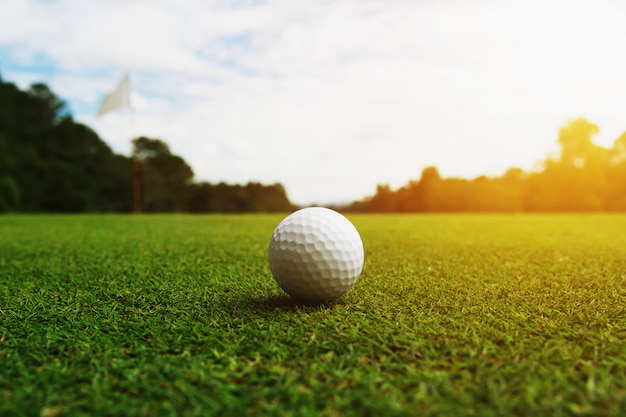 Golf ball on green grass with hole and sunlight