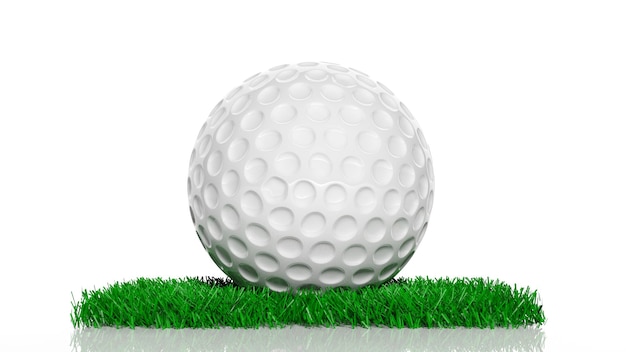 Golf ball on green turf patch isolated on white background