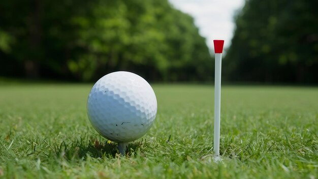 Golf ball on green with blurred pin flagstick and green tree background