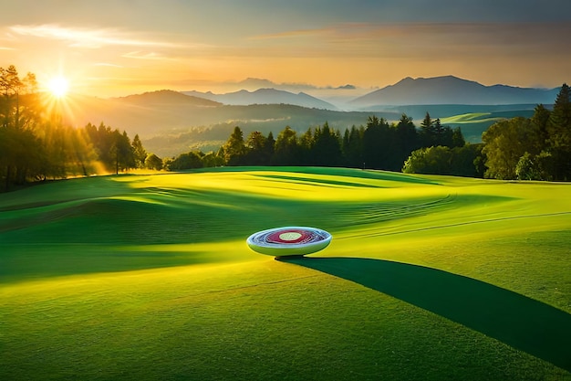 Golf ball on a green with a sunset in the background