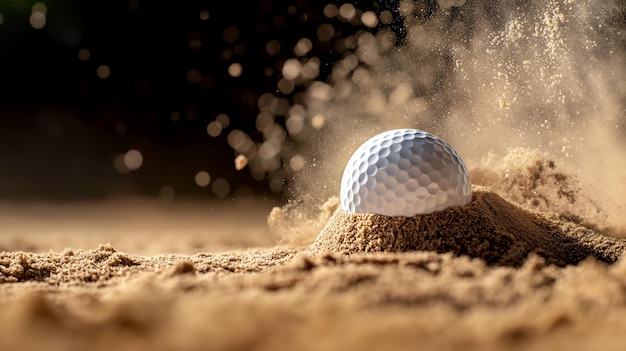 골프 공이 모래 함정에 부히고 모래의 동적 폭발이 클로즈업으로