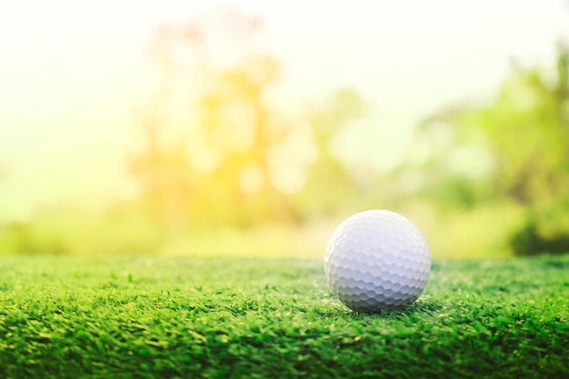 La pallina da golf si trova su un prato verde in un bellissimo campo da golf