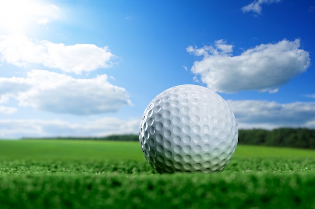 Golf ball is lying on green lawn against blue sky