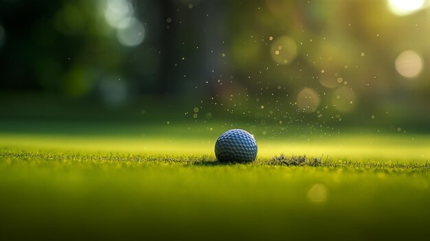 Golf ball on a lush green field with morning dew and sunlight