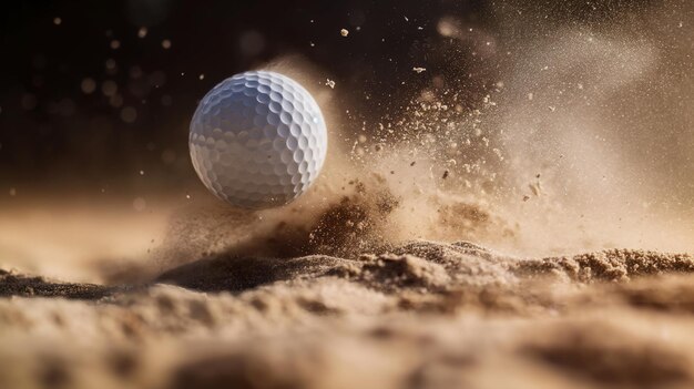Golf ball in motion creating a dramatic explosion of sand