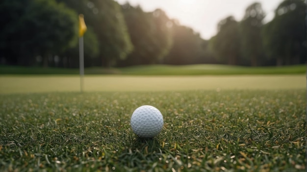 Мяч для гольфа рядом с отверстием на зеленом поле