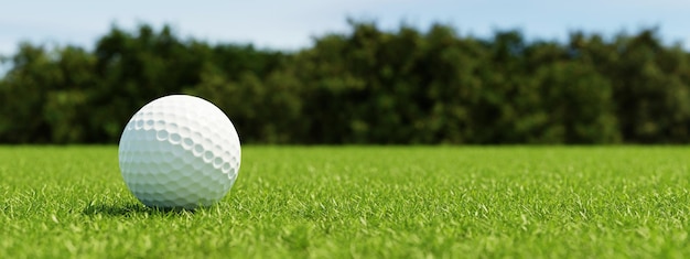 写真 フェアウェイの緑色の背景のグラス上のゴルフボール - コピースペースの広告用バナー - スポーツとアスリートコンセプト - 3dイラストレーションレンダリング