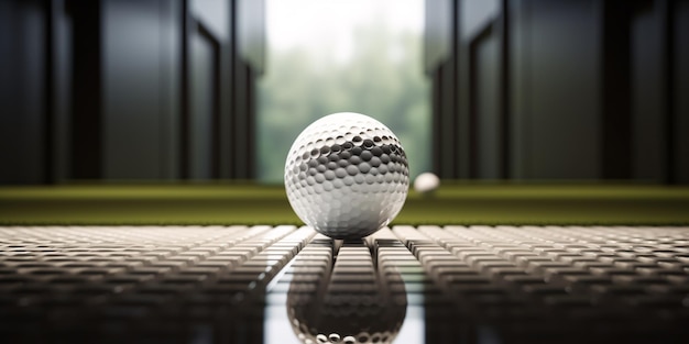 Golf ball perched on tee inside simulator
