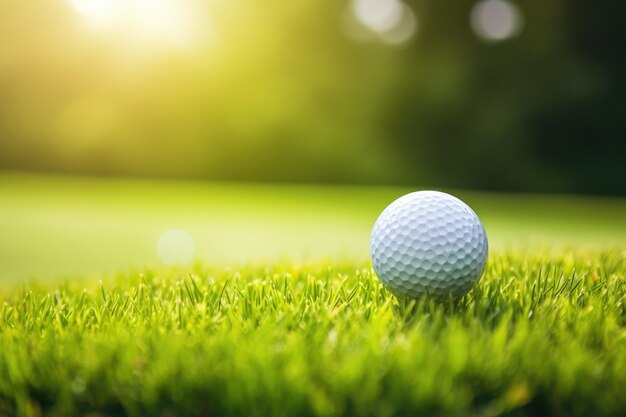 Golf ball placed in a green lawn with a natural background