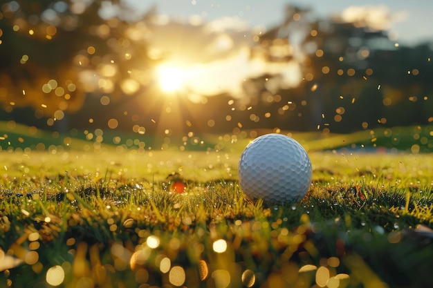 A golf ball ready for play at dawn with autumn foliage and sunrays in the background