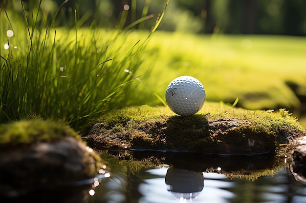 a golf ball on a rock in a stream