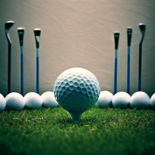 Golf ball and several tees on grass against a wall