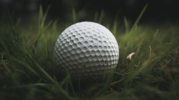 A golf ball sits in the grass with the word golf on it.