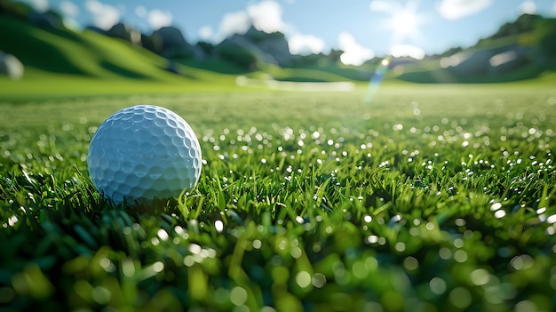 A golf ball sits on a grassy hill with a blue sky in the background