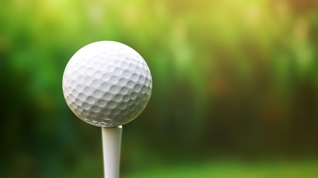 A golf ball sits on a tee framed by a dreamy green backdrop