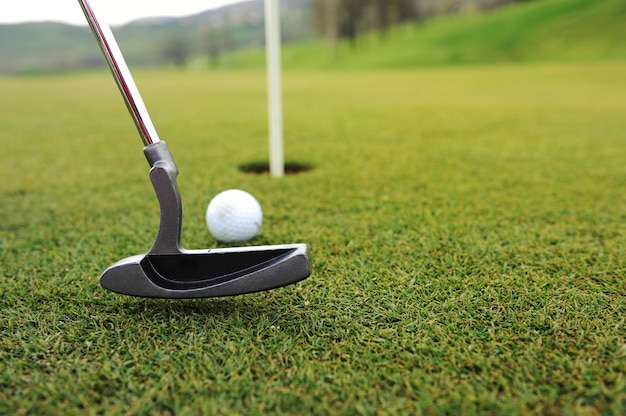 Golf ball and stick on green grass